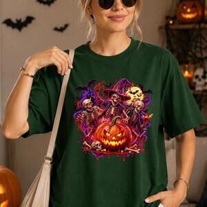 Halloween T Shirt For Women Men, Skeleton Witch Pumpkin Graphic
